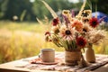 dry potted flower centerpiece on a picnic table outdoors