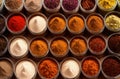 Dry powder seasoning. Various assortment of crushed condiments. Generative AI.