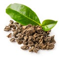 Dry Puerh tea with fresh tea tree leaf on white background