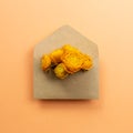 Dry ranunculus flowers in envelope on orange background Royalty Free Stock Photo