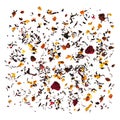 Dry red and black tea fruit pattern wallpaper. Floral exotic beverage mix. Fresh organic fruits. texture