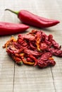 Dry red chillies in a wooden background Royalty Free Stock Photo