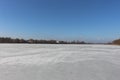 Dry reeds and trees are on the shore of a lake covered with ice Royalty Free Stock Photo