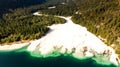 Dry River Bed Fall Into Predil Lake. Aerial Drone View. Pattern in Nature