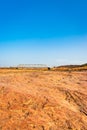 Dry river rock formation with vintage iron bridge and blue sky at morning from different angle Royalty Free Stock Photo