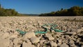 Dry riverbed on a nice autumn day with visible trees and broken turquoise rope.