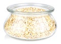 Dry rolled oats in a open transparent glass oval storage jar isolated on white background Royalty Free Stock Photo