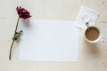 Dry rose with blank paper and coffee Royalty Free Stock Photo