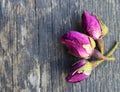 Dry rose buds flowers on old wooden table.Asian ingredient for aromatherapy herbal tea. Royalty Free Stock Photo