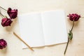 Dry rose and notebook paper with pencil Royalty Free Stock Photo