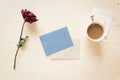 Dry rose with paper letter and coffee Royalty Free Stock Photo