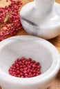 Dry rose pepper in white marble mortar next pestle Royalty Free Stock Photo