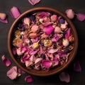 Dry rose petals in bowl on wooden table. Top view