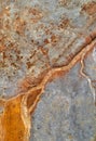 Dry rusty river bed over grey mine tailings, acid mine drainage texture