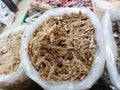 Dry salted cod fish display at traditional market