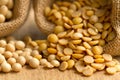 Dry seed of bean product, soy bean in sack close up