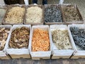 Dry shrimps, shellfish and seafood on fish market in Hong Kong Royalty Free Stock Photo