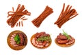 Dry Smoked Sausages Isolated, Salami Sticks, Kielbasa, Cabanossi, Kabanos, Dry Embutido, Chorizo, Bratwurst