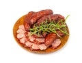 Dry Smoked Sausages Isolated, Salami Sticks, Kielbasa, Cabanossi, Kabanos, Dry Embutido, Chorizo, Bratwurst Royalty Free Stock Photo