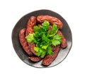 Dry Smoked Sausages Isolated, Salami Sticks, Kielbasa, Cabanossi, Kabanos, Dry Embutido, Chorizo, Bratwurst Royalty Free Stock Photo