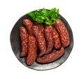 Dry Smoked Sausages Isolated, Salami Sticks, Kielbasa, Cabanossi, Kabanos, Dry Embutido, Chorizo, Bratwurst Royalty Free Stock Photo