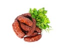 Dry Smoked Sausages Isolated, Salami Sticks, Kielbasa, Cabanossi, Kabanos, Dry Embutido, Chorizo, Bratwurst Royalty Free Stock Photo