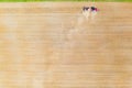 Dry soil background. Rural aerial landscape. Tractor cultivating the farmland