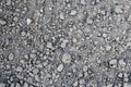 Dry soil. Defocus stony grey desert soil texture. Gray dry ground with small stones. Close-up from above. Out of focus