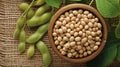 Dry soya beans in wood bowl and fresh soybean pods on jute background. AI generated.