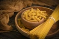 Dry spaghetti cuisine various wooden cooking delicious background ingredient, uncooked