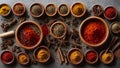 Dry spices wooden bowls natural kitchen Indian food powder vintage seasoning