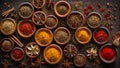 Dry spices in wooden bowls an old background