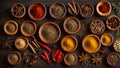Dry spices wooden bowls an old background Indian