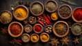 Dry spices wooden bowls an old background Indian food