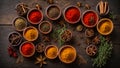 Dry spices wooden bowls an old background Indian food powder