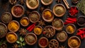 Dry spices wooden cooking various culinary recipe food organic powder vintage seasoning