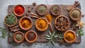 Dry spices wooden cooking various kitchen Indian food powder vintage seasoning