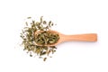 Dry stevia rebaudiana Bertoni in wooden spoon. Royalty Free Stock Photo