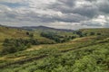 A dry stone wall cuts through the vista of green trees, fields and hills.