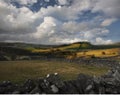 Dry stone wall and the rolling hills under a cloudy sky in the Peak District in the UK Royalty Free Stock Photo