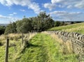 A dry stone wall, running next to a grassy track, high on the hills above, Oxenhope, Keighley, UK