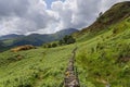 Dry stone wall winds its way across a steep hillside near Beddgelert in Wales Royalty Free Stock Photo