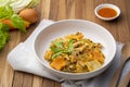 Dry suki,stir fried vermicelli with chicken ,glass noodle ,chinese cabbage ,celery ,water convolvulus ,carrot and egg on white Royalty Free Stock Photo