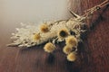 Thistle flowers arranged on dark wood