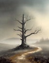 Dry tree on the dead land surrounded by dense mist and silence Royalty Free Stock Photo