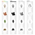 Dry tree in the forest, squirrel, oak leaf, stump. Forest set collection icons in cartoon black monochrome outline style Royalty Free Stock Photo