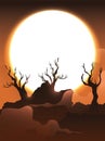 Dry Trees Illuminated with a Glowing Full Moon, Vector Illustration