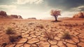 Dry trees and plants affected by lack of water and rainfall on cracked soil. The concept of abnormal heat and drought on