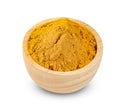 Dry turmeric powder or curcuma longa linn in wooden bowl isolated on white background  ,include clipping path Royalty Free Stock Photo