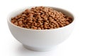 Dry unpeeled red lentils in white ceramic bowl isolated on white Royalty Free Stock Photo